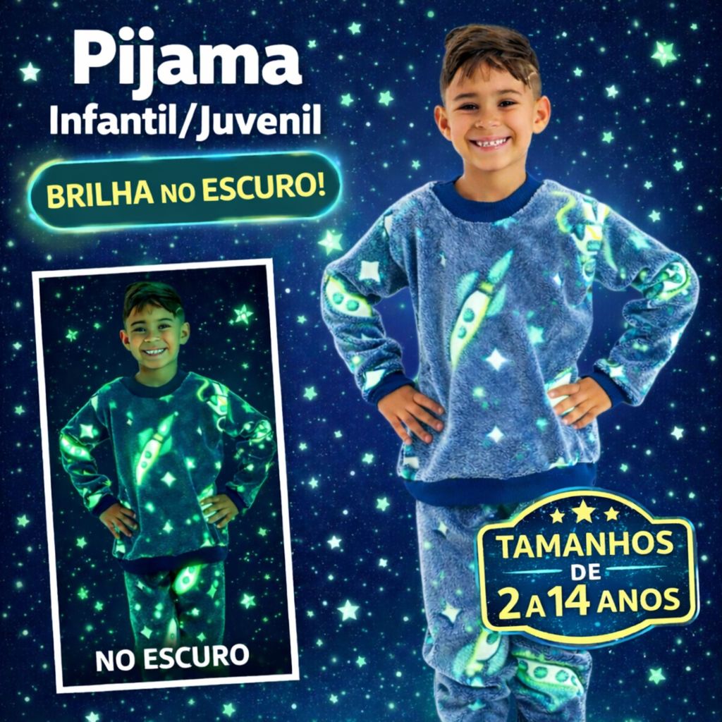 Pijama Infantil Brilha no Escuro Fleece Menino Juvenil Manga Longa Juvenil Masculino Frio Inverno