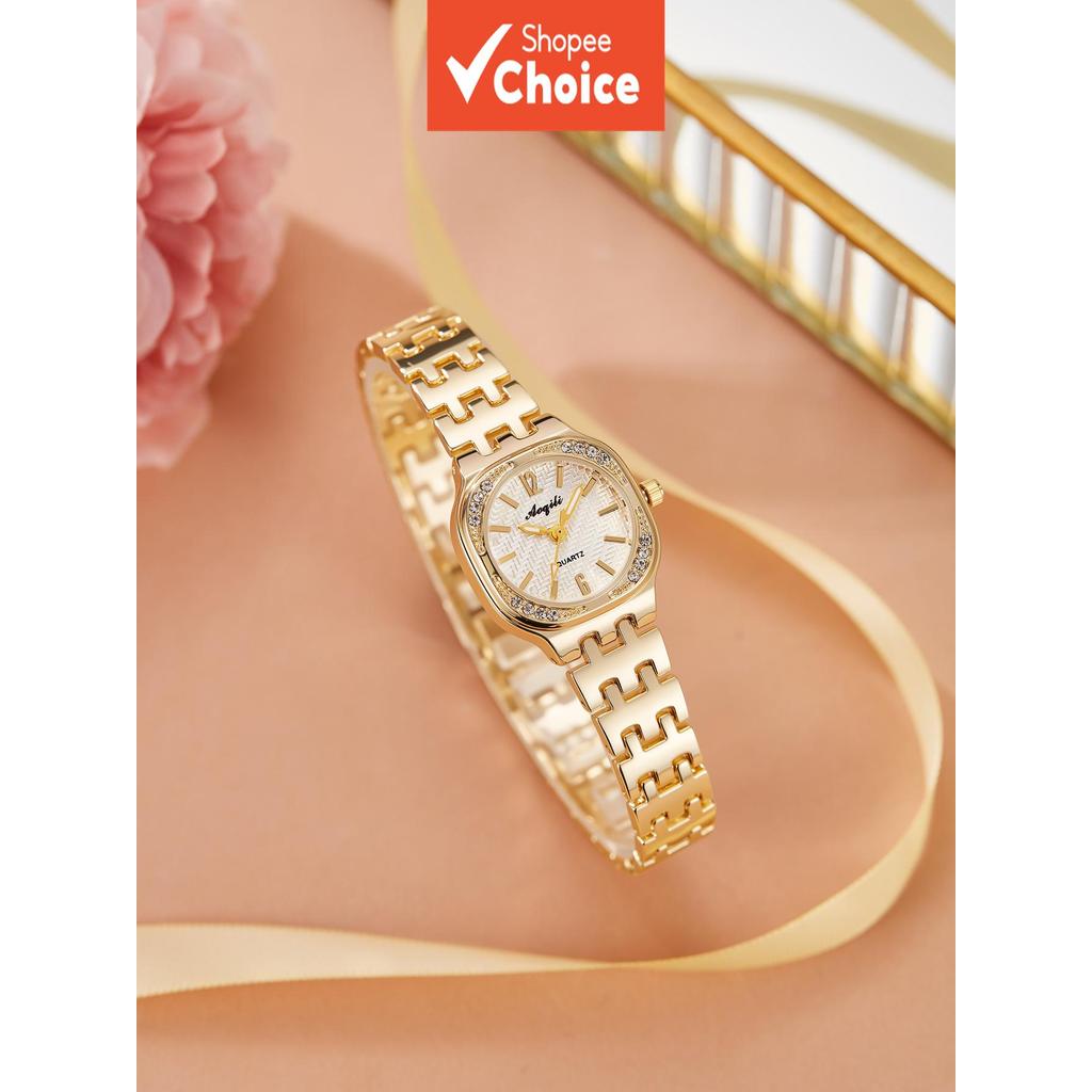 Relógio de Pulso Feminino Aoqili Gold Square, Pulseira Vintage Elegante, Relógio de Dama Delicado, Ajustável, Relógio