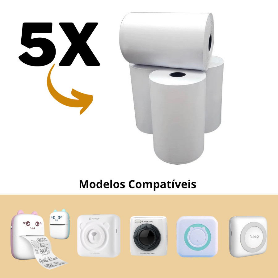 Bobinas Térmicas Mini Impressora Gatinho P2 Peripage Paperange Keep - 5 Rolos