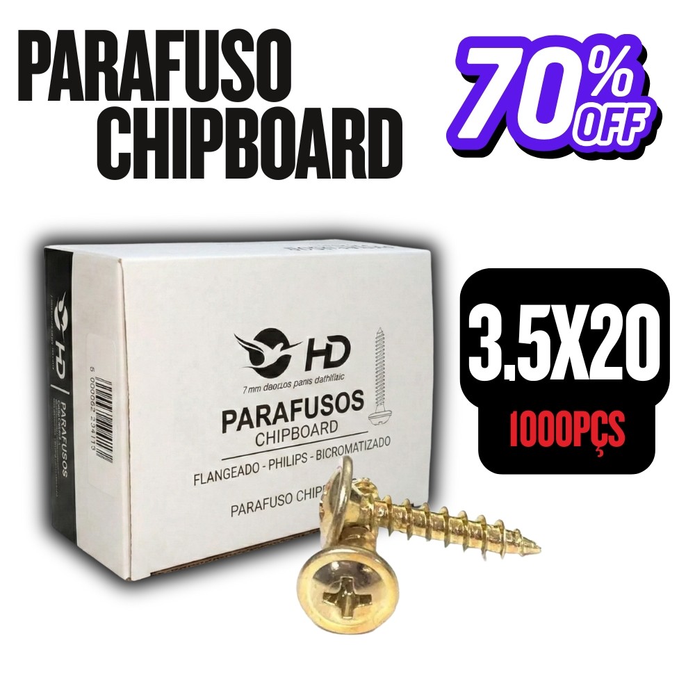 Parafuso 3,5x20 Chipboard Flangeado Phillips para Madeira - HD CAIXA COM 1000 peças