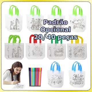 Kit 20/40 Sacos de lona para colorir Sacos de compras DIY para colorir para crianças Reutilizáveis - Vários padrões