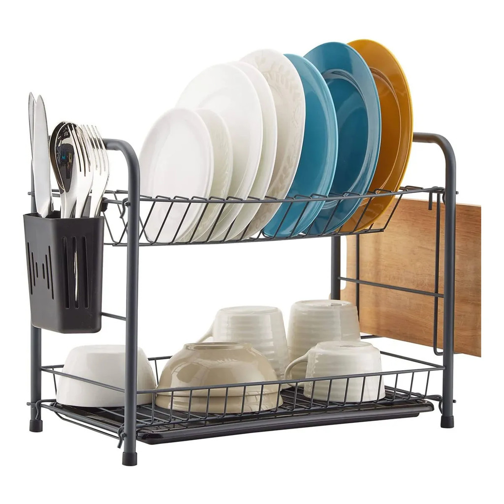 Escorredor de Louça Rack Duplo Dois Andares Inox Pratos Talheres Copos Premium Preto