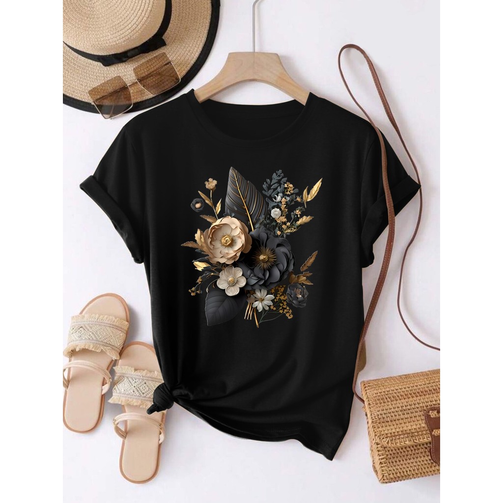 Camiseta Feminina Floral Verde Escuro Design Elegante Confortável Versátil Estilosa Casual