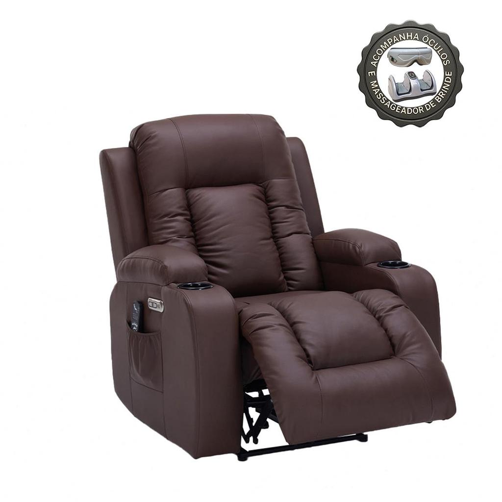 Imagem Poltrona do Papai Austin com Massagem Aquecimento USB USBc Brindes Massageador e Óculos PU Marrom