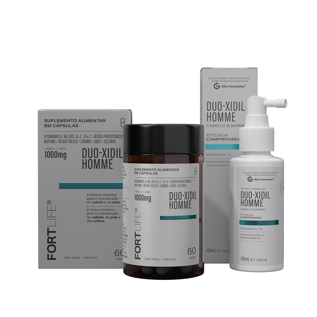 Kit Duo-Xidil Homme Antiqueda Cabelo e Barba Tônico + Cápsulas Crescimento Capilar FortLife 100ml 60 Cápsulas