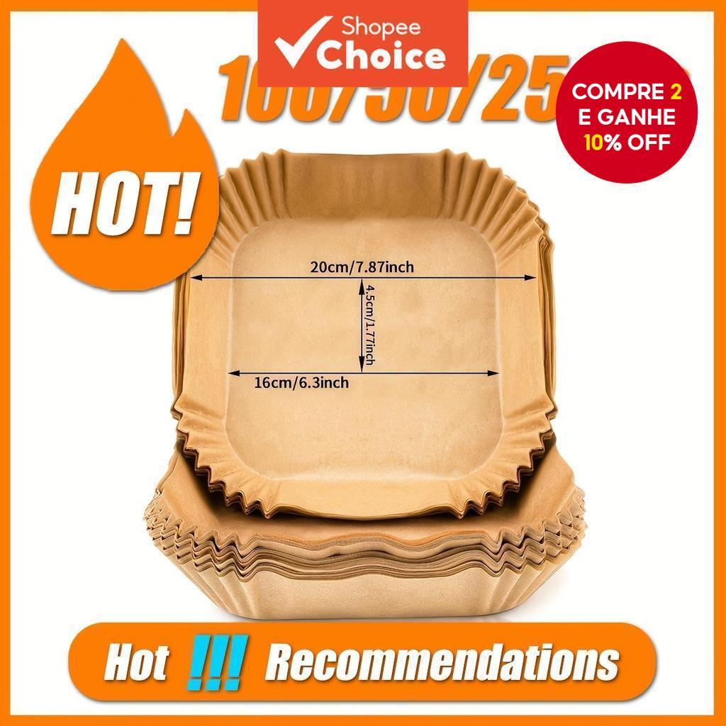 100/50/25pcs Forros de Papel Antiaderente para Air Fryer Quadrados - Forros Marrons de 7,87 polegadas, Adequados para