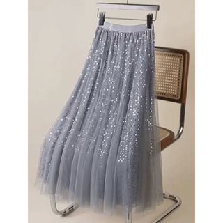 Saia midi feminina de tule com lantejoulas, cintura alta e elegante em Oferta na Shopee