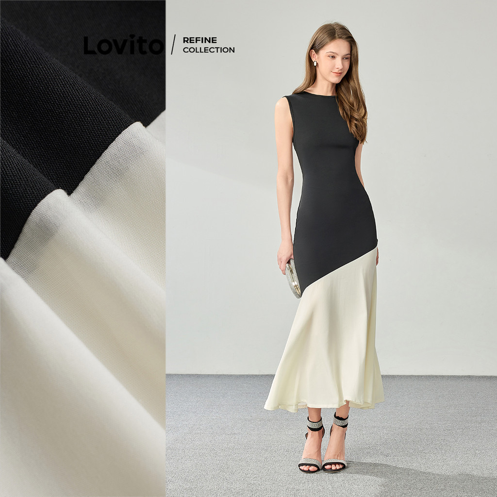 (Lovito Refine) Vestido Elegante Patchwork Assimétrico Para Mulheres LR1ED028 em Oferta na Shopee