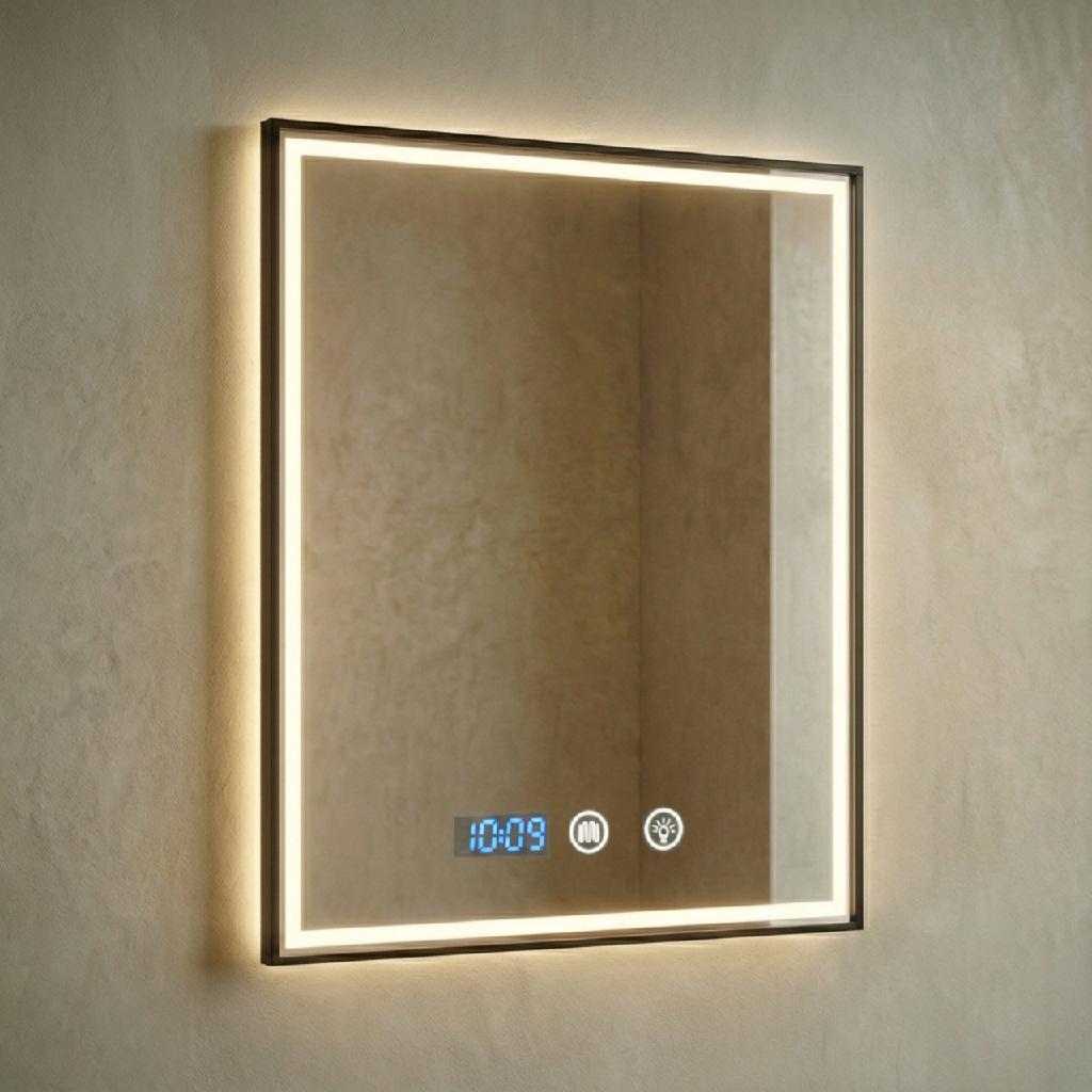 Espelho Led 3 Cores Retangular Com Relógio Temperatura Para Camarim Maquiagem Decorativo