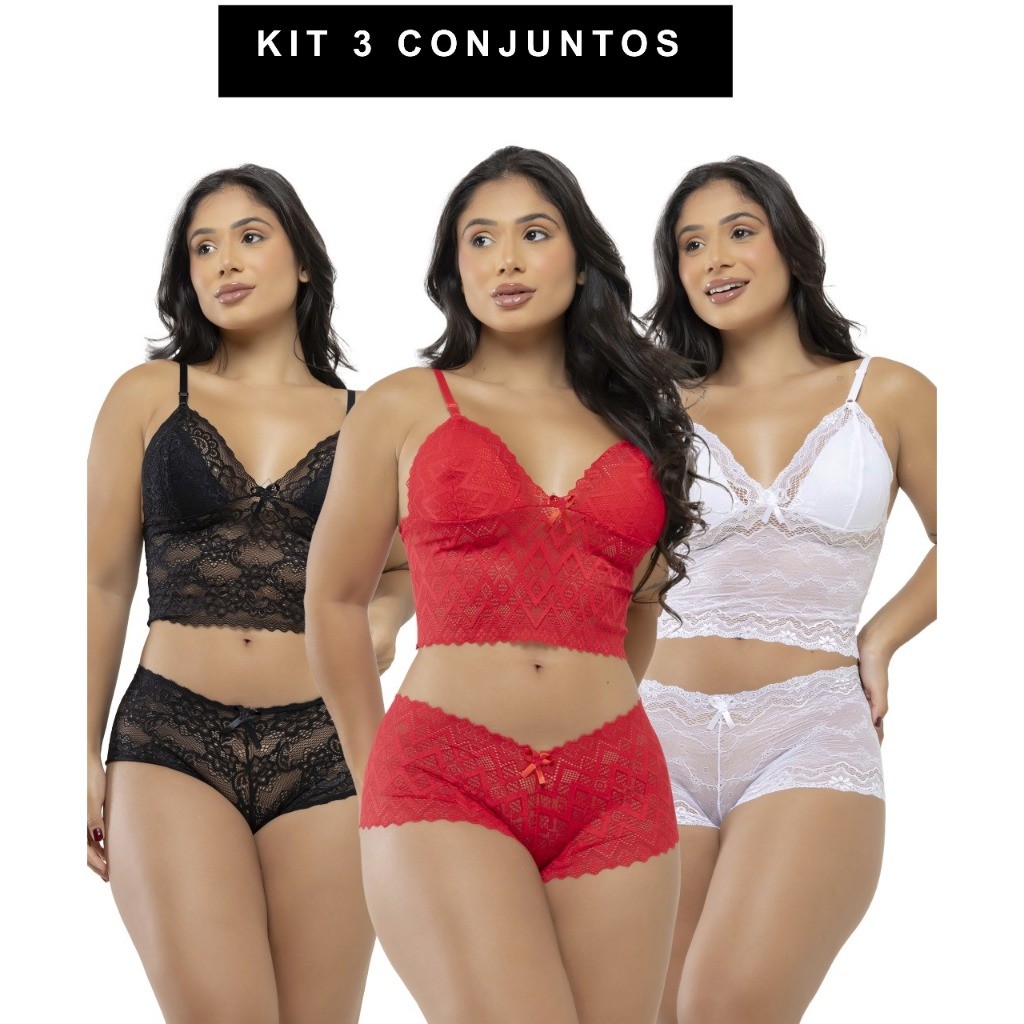 kit 3 conjuntos lingerie feminino de renda sext caleçon e sutiã sem bojo conjunto espera marido zmov