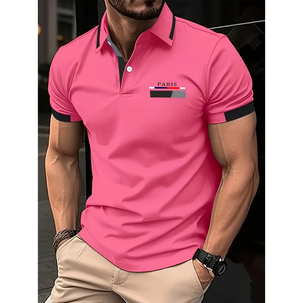 Camisa Masculina Da Moda De Verão – Manga Curta Casual , Botão Estampado Icônico De Paris