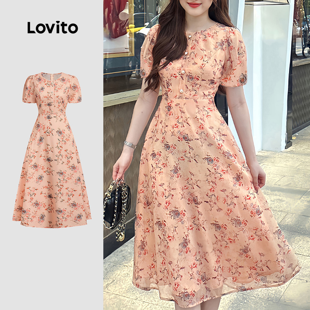 Lovito Vestido Elegante Com Botões E Flores Requintados Dia a Dia Na Primavera/verão Para Mulheres L150ED021 em Oferta na Shopee