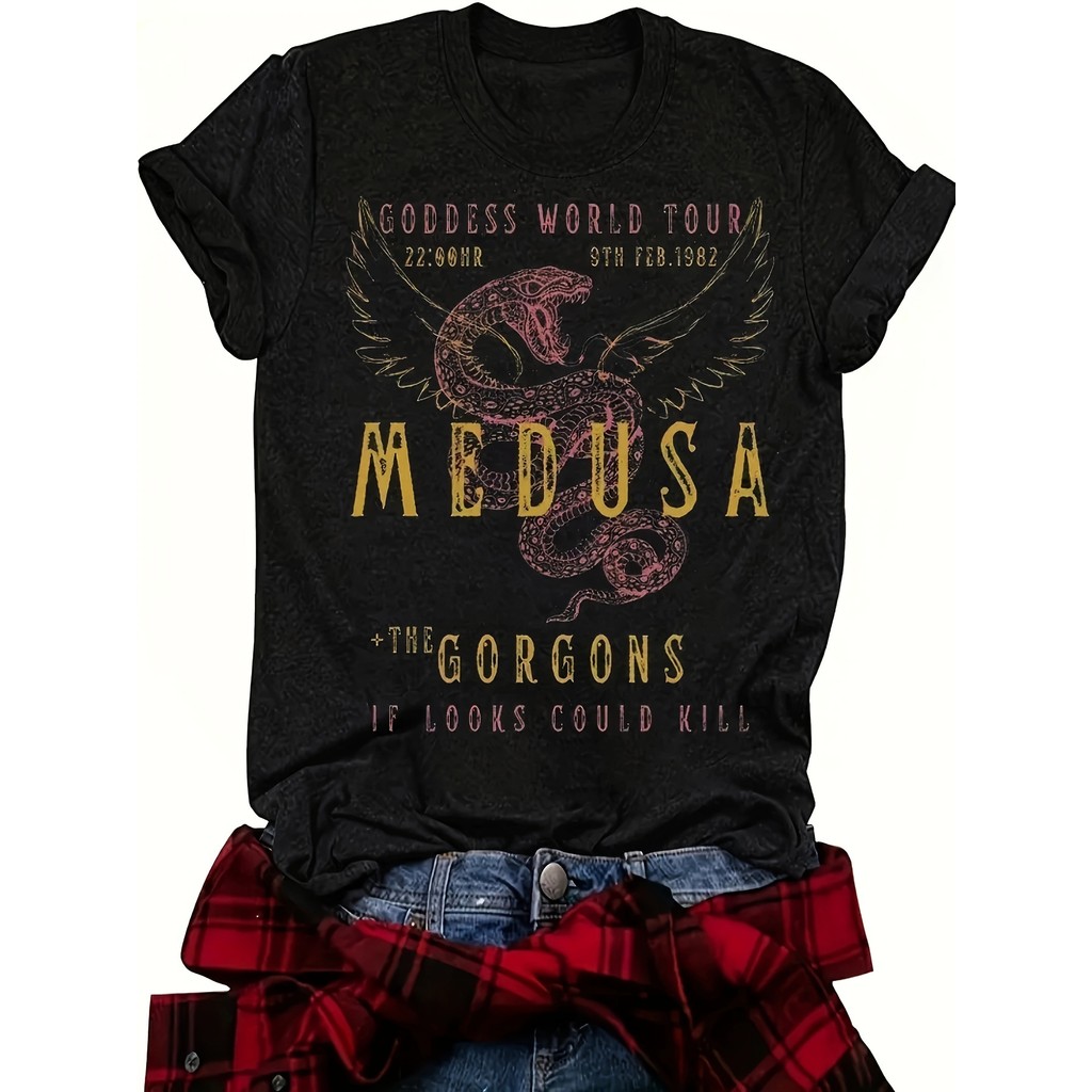 Camiseta Retrô Unissex Preta, Design de Padrão de Cobra de Medusa com Slogan, Estilo de Rua Estiloso de Estética Obscura