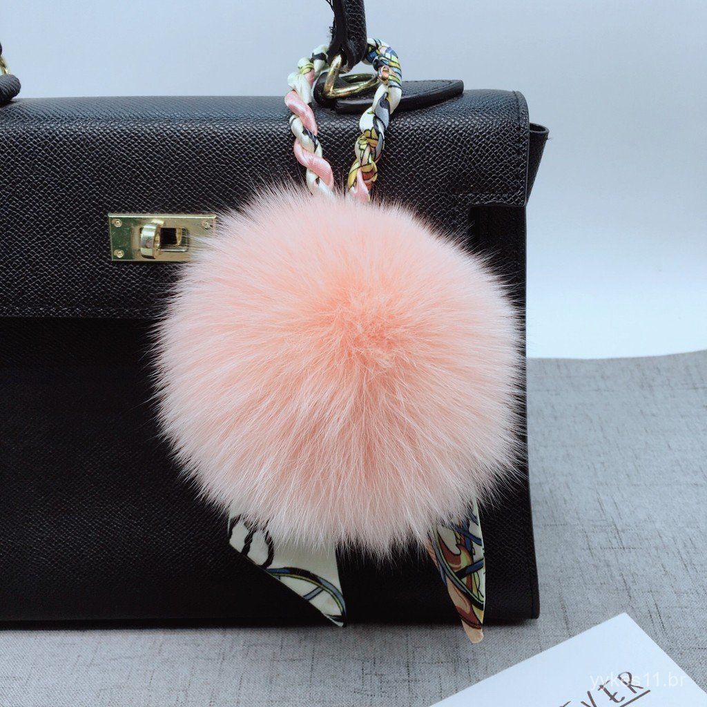 Grande lenço de seda com pingente de bolsa em pele de raposa, decoração de bolsa elegante, acessório de pele macia, chav