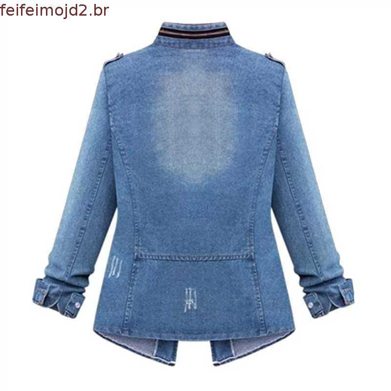 5XL Plus Size Feminino Manga Longa Jaqueta Jeans Primavera E Outono Casual Sólido Fino Bolso Casaco