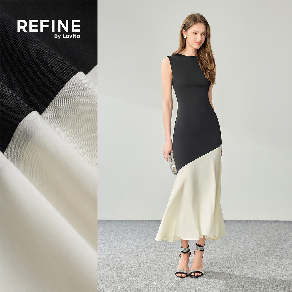 (Refine by Lovito) Vestido Elegante Patchwork Assimétrico Para Mulheres LR1ED028