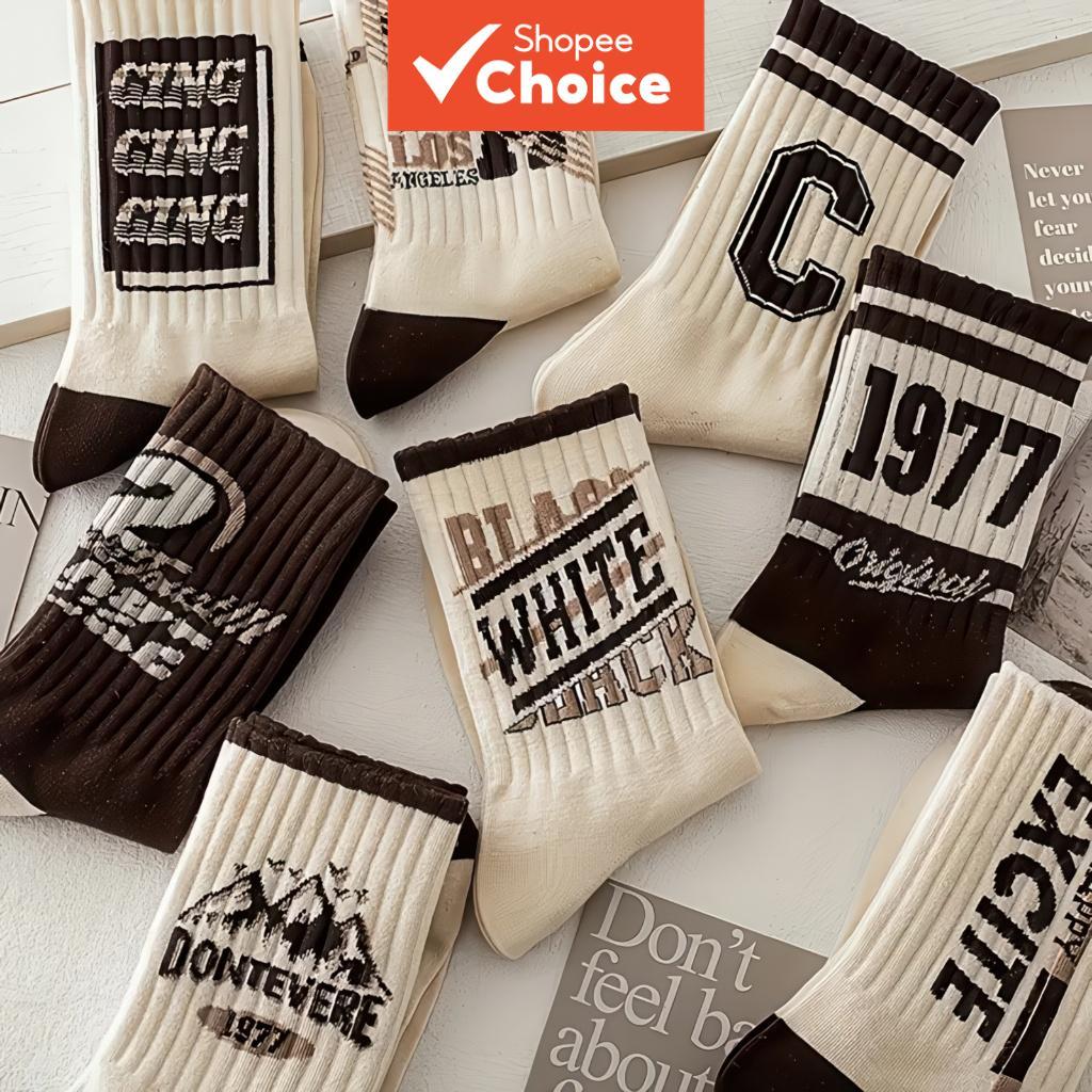 8 Pares De Meias Longas De Algodão Masculinas , Clássico Americano 1977 | Preto E Branco Impressão De Letras Tendência D