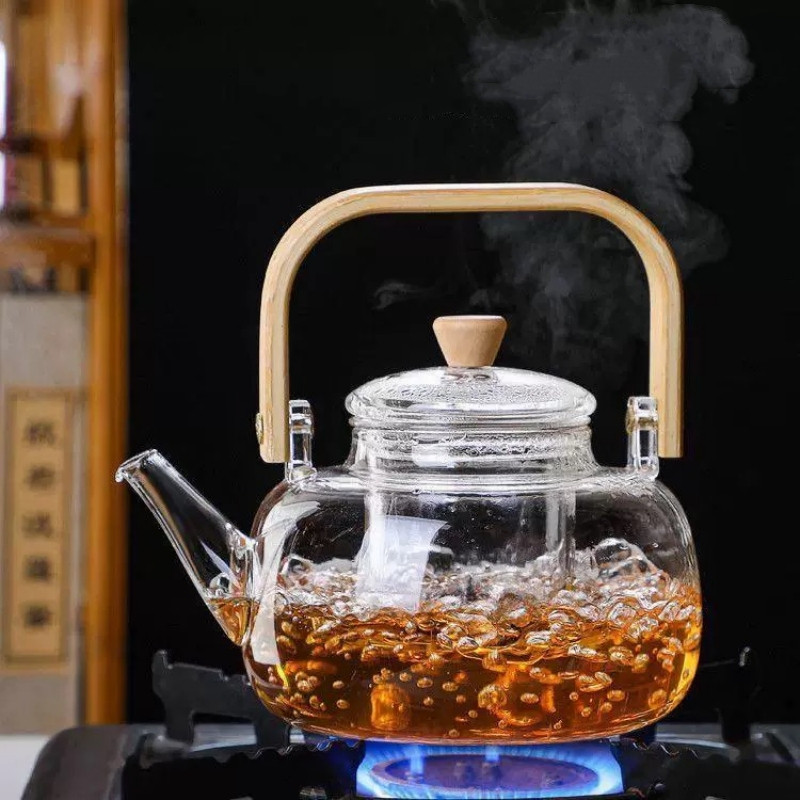 Chaleira Vidro Borossilicato com Alça de Bambu 1000ml DIRETAMENTE AO FOGO/Fogo de Indução