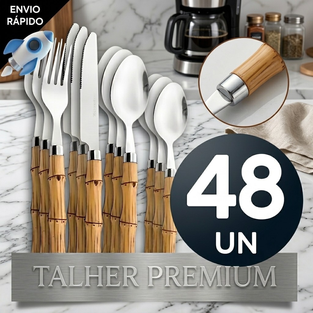 Conjunto Jogo de Talheres 48 Peças Facas Garfos Colher e Colheres de Sobremesa Aço Inox de Cabo Plástico Bambu Luxuoso