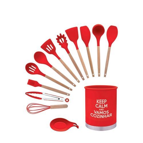 Kit Utensílios de Cozinha Silicone 13 Peças com Suporte Resistente ao Calor Antiaderente Vermelho Silicone Prestige Set™