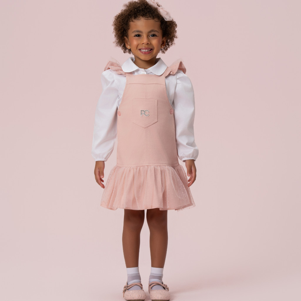 Salopete Petit Cherie Infantil Rosé com Barra em Tule