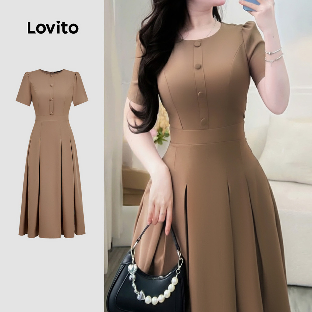 Lovito Elegante Vestido Pregueado Botão Primavera/verão Marrom para Mulheres L164ED198