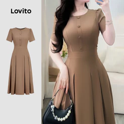 Lovito Elegante Vestido Pregueado Botão Primavera/verão Marrom para Mulheres L164ED198