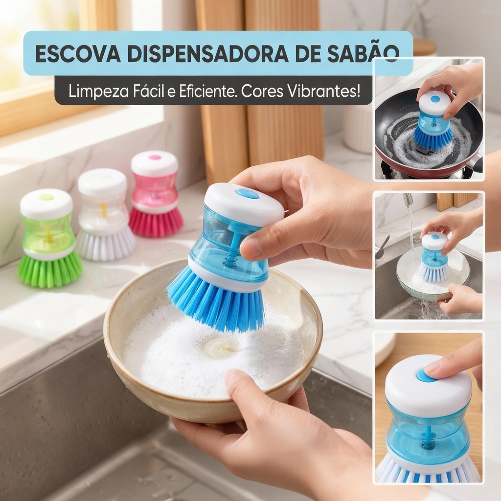 Kit Escova Lava Louças com Recipiente 8,5CM Limpeza Multiuso Dispenser Detergente Não Risca Dosador Cozinha
