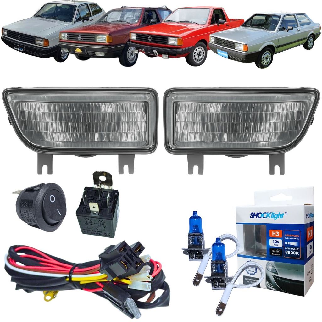 KIT FAROL AUXILIAR MILHA GOL PARATI SAVEIRO VOYAGE 87 A 94 COM CHICOTE LÂMPADA SUPER BRANCA