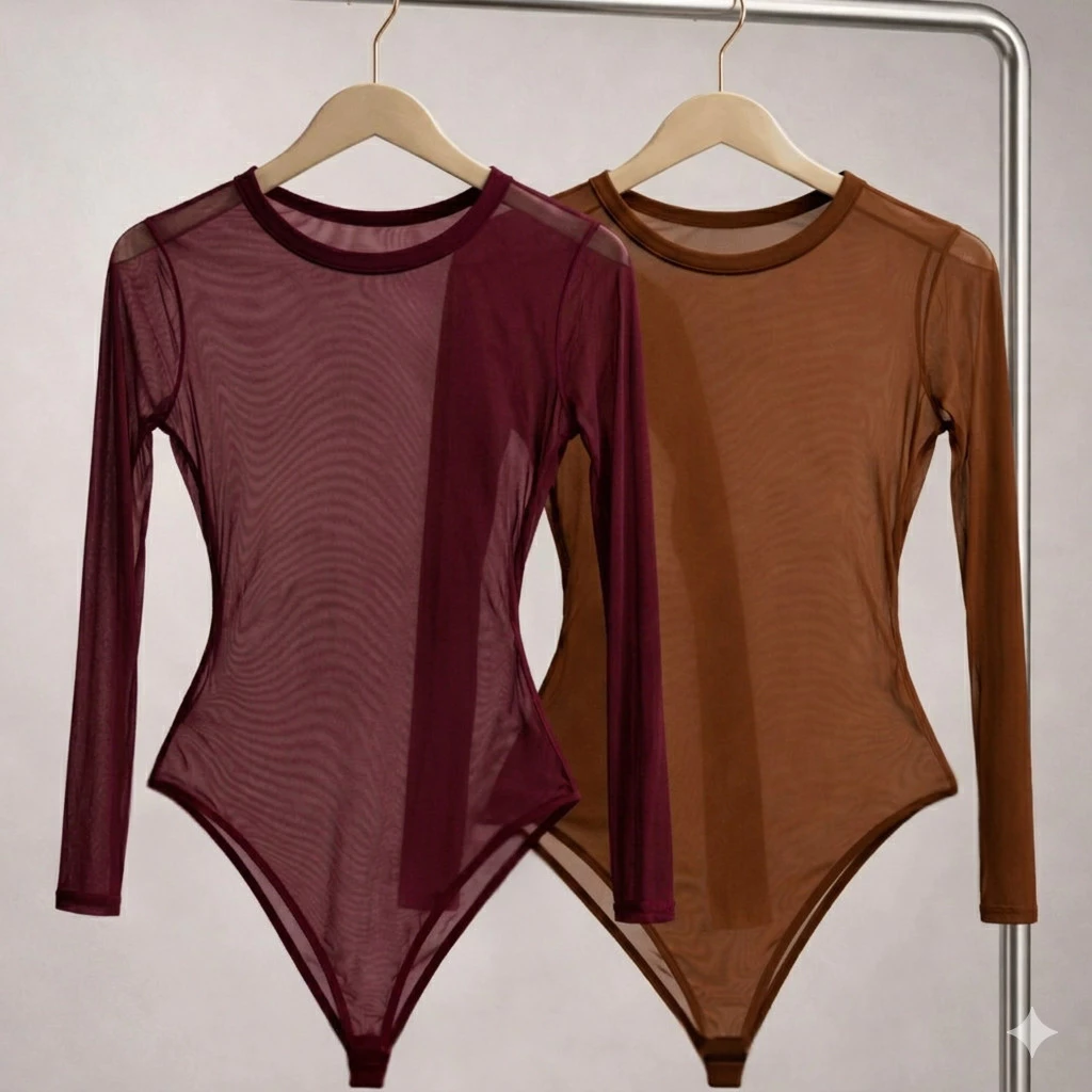 Kit com 1 ou 2 peças Body de Tule Bori Manga Longa Preto Influencer Transparente com Elasticidade Moda Feminino — imagem 1