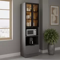 Paneleiro Cozinha Lumina 700mm c/ Iluminação c/ Rodapé p/ Micro e Forno 2 Portas c/ Vidro 1 Gaveta Cinza/Cinza