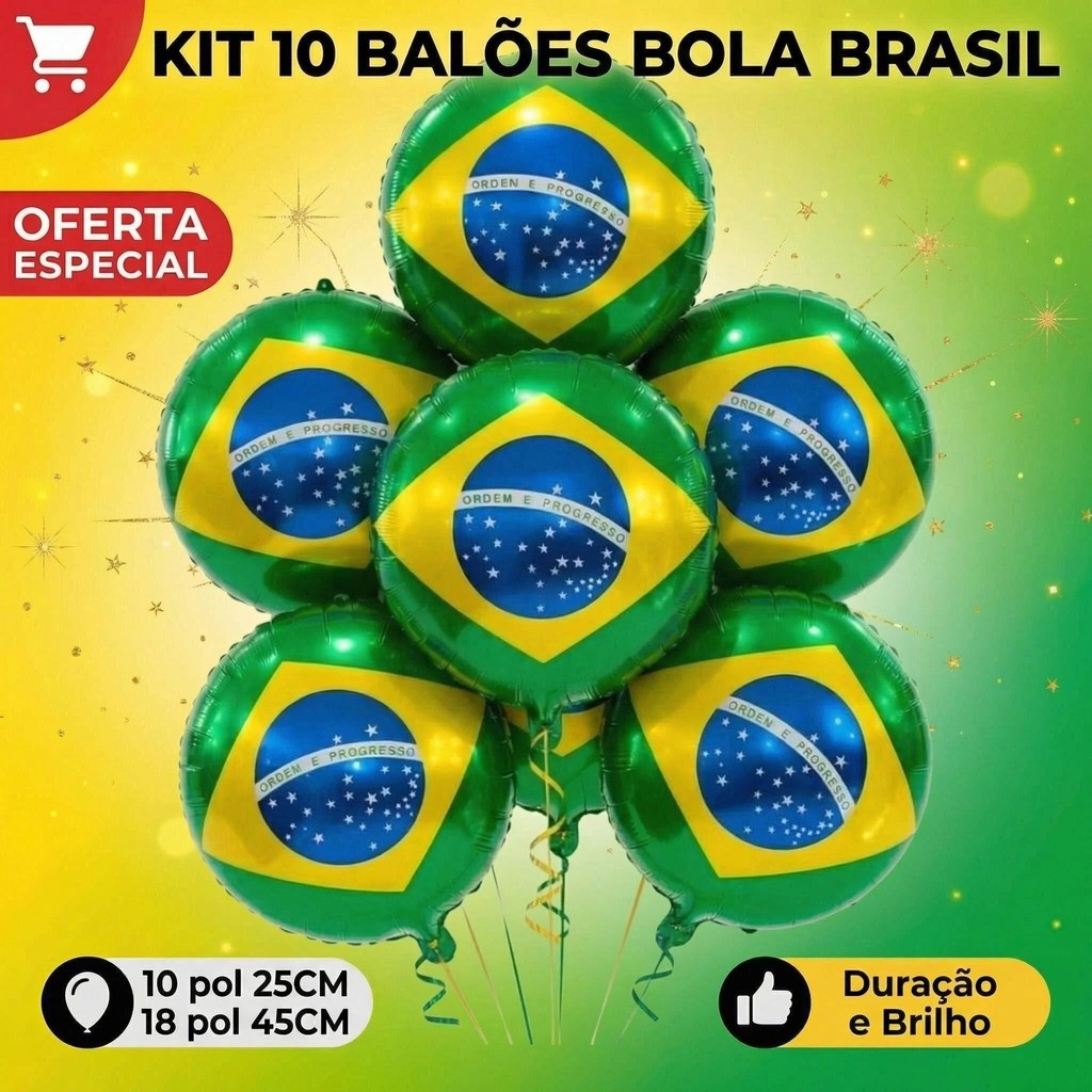 Kit 10 Balão Metalizado Bola Brasil 10/18pol 25/45CM Verde amarelo copa do mundo futebol enfeite decoracao