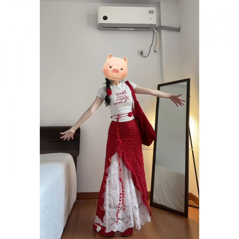 2025 nicho Irregular doce high-End vermelho cintura alta Polka Dot saia feminina babados fenda saco 4.17