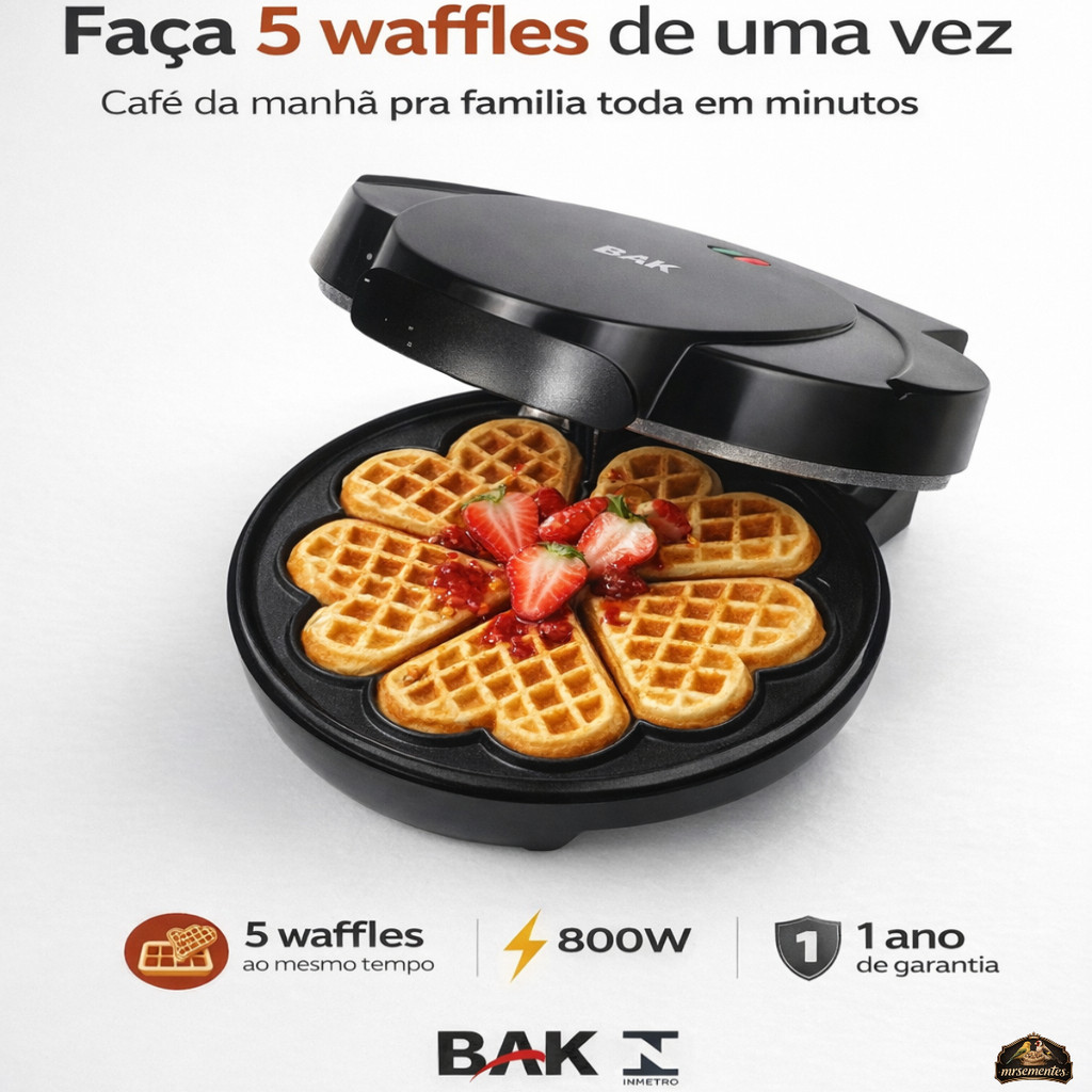 Máquina De Waffle Elétrica Bak 800w Faz 5 Waffles Anti Adere