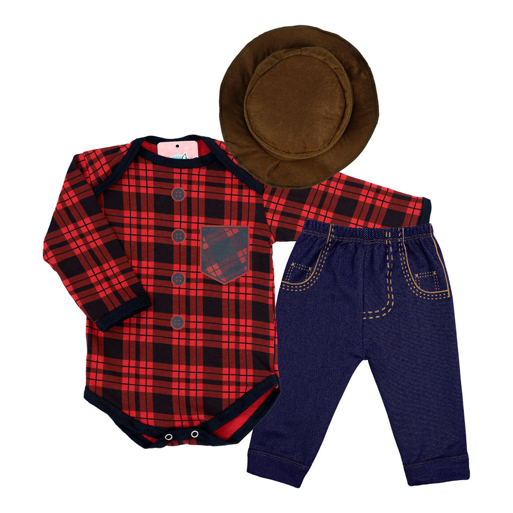 Body Bebê Fantasia Xadrez Festa Junina 100% algodão + Calça e Chapéu