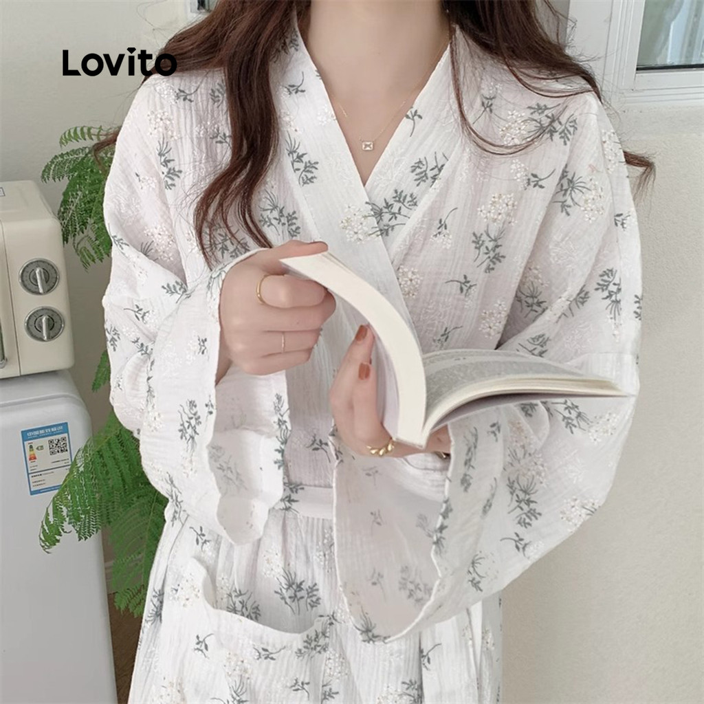 Lovito Conjunto De Roupões De Linho Combinando Para Casais Com Cinto Primavera/verão Para Mulheres LNE121X026