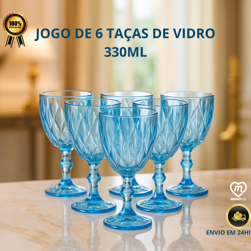 Jogo De 6 Taças De Vidro Luxo Diamond Azul Milbali 330ML Água Suco Vinho Vidro Elegante Sofisticado