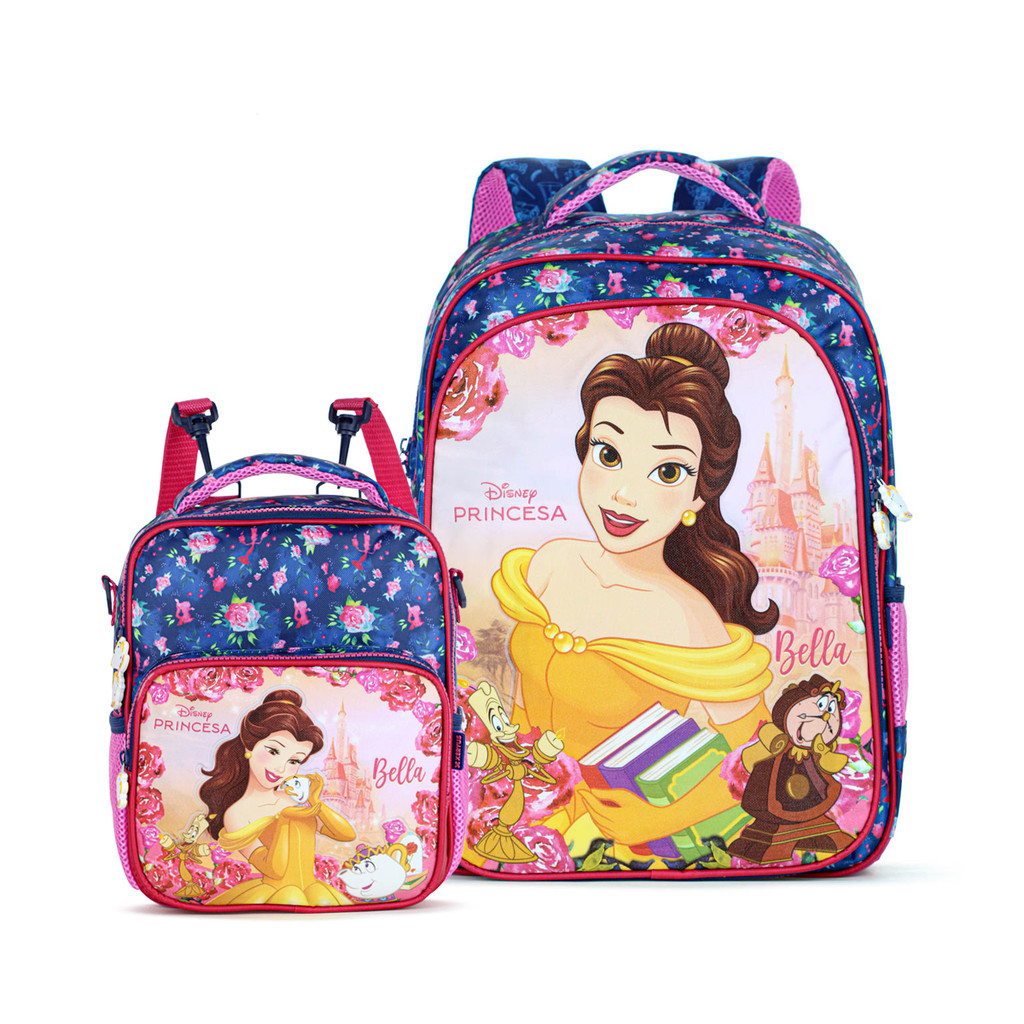 Kit Mochila 16 Princesa Bella 14712 + Lancheira Princesa Bella 14714 Escolar Xeryus Azul e Rosa infantil