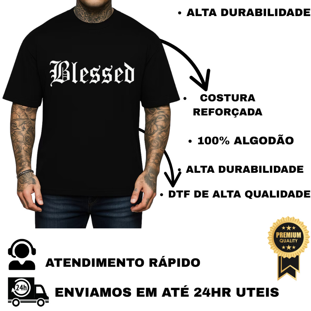 Camiseta Masculina Oversized Blessed Camisa Estampada 100% Algodão Premium P ao GG Streetwear