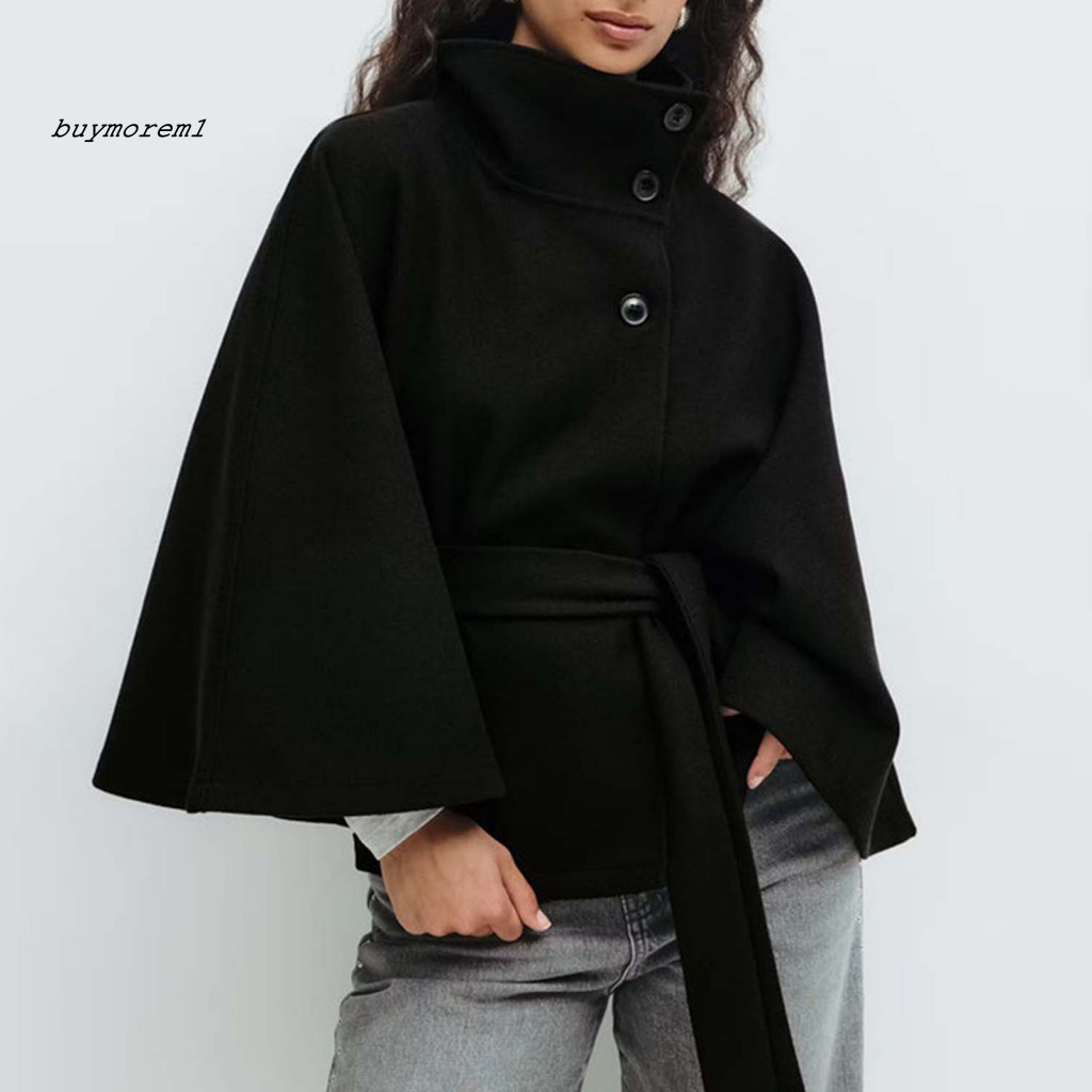 Belted Trench Coat Women’s Wool Poncho with Batwing Sleeves Stand Collar Cropped Cape Jacket – Stylish Fall Winter S