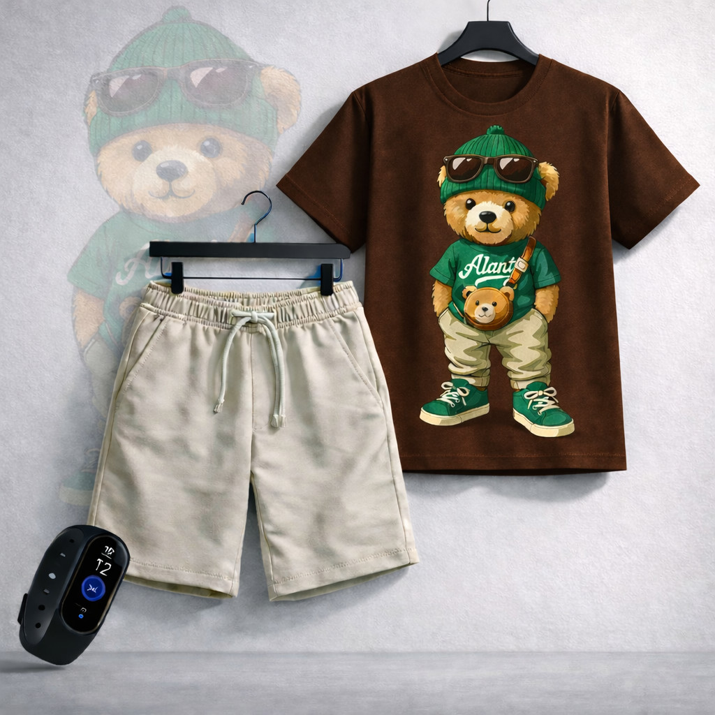 Kit Infantil Masculino Camiseta Ursinho Estilo Urbano  Verde Bermuda Moletinho + Brinde