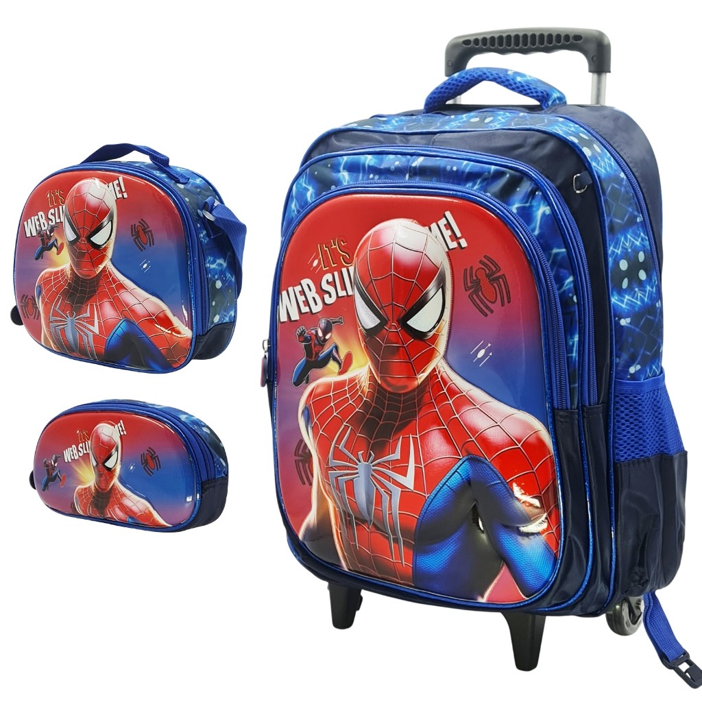 Mochila Escolar Infantil 3D Carrinho Kit Com Estojo Lancheira Térmica Impermeável Rodinhas 3 Peças - Homem Aranha