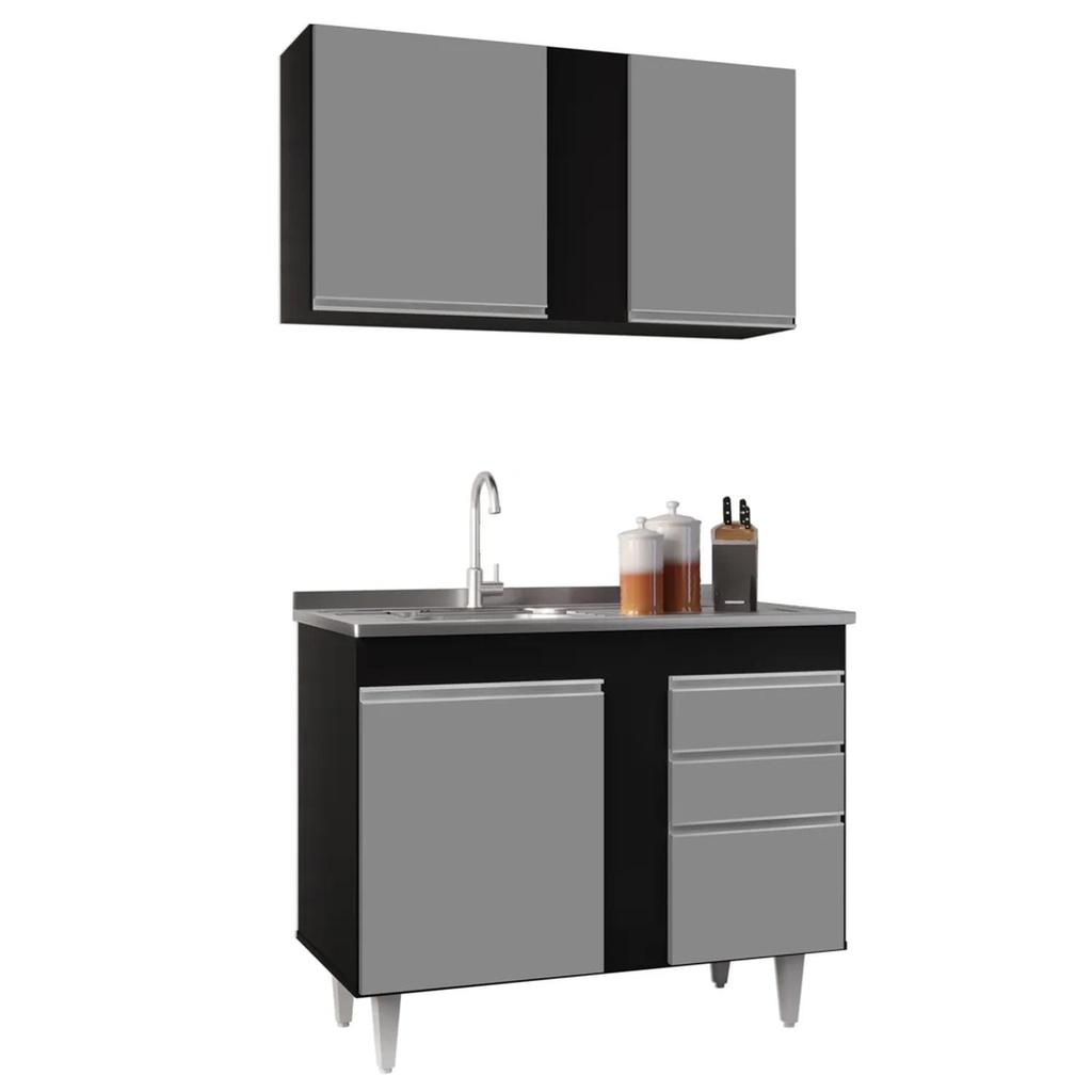 Armário Aéreo Indiana e Balcão Gabinete 100cm com Pia Inox Luziania Preto/Cinza- Lumil em Oferta na Shopee
