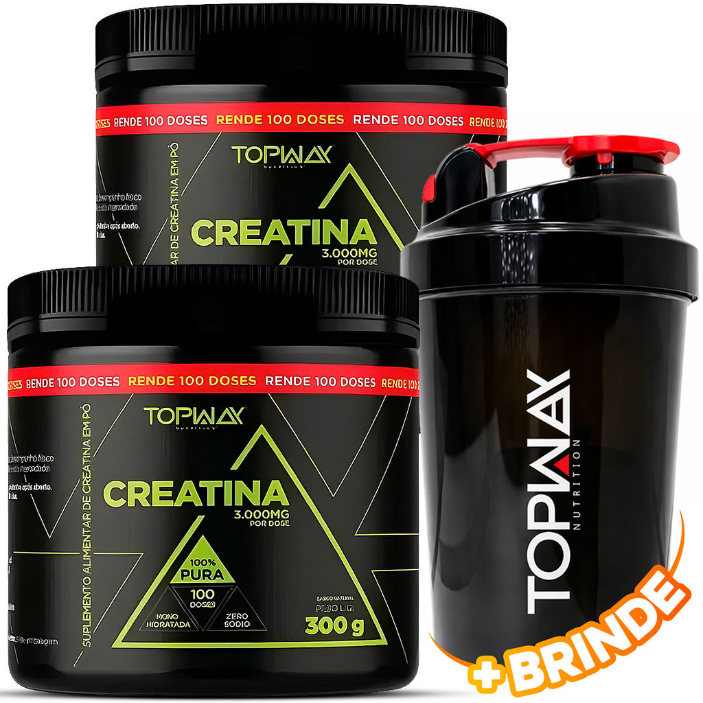 2x Creatina em Pó Suplemento Alimentar 100% Pura TopWay 300g Monohidratada + Coqueteleira 600ml