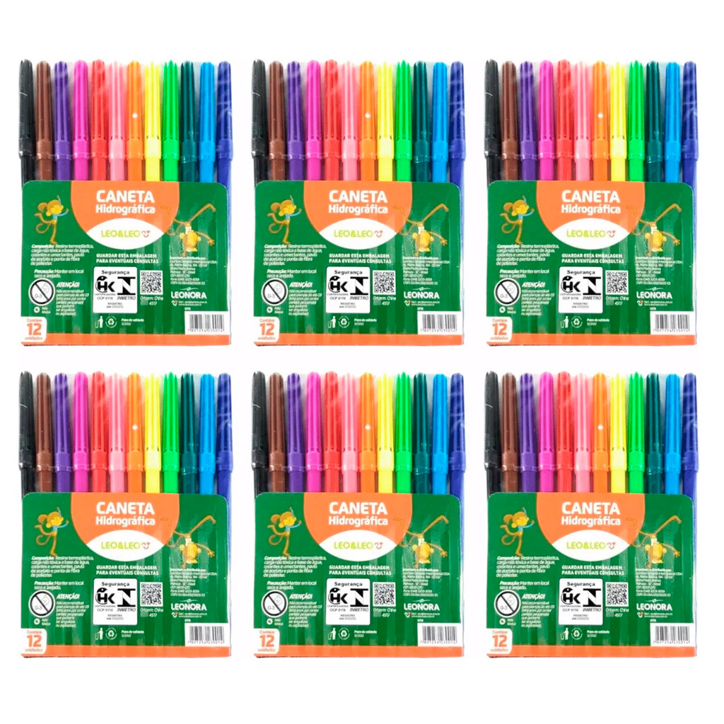 Kit 6 Estojos de Caneta Hidrocor 12 Cores Leo&Leo Leonora - 4517 em Oferta na Shopee
