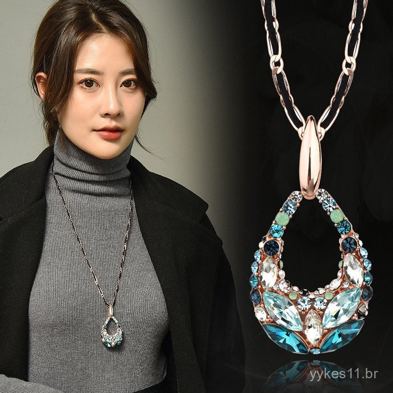 Colar de Cristal em Forma de Gota d'Água, Acessório de Moda Feminina Versátil e Longo, Acessórios de Colar de Cristal Ba