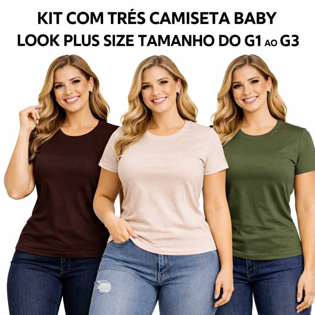 Kit 3 Camisetas Baby Look Feminina Plus Size G1 ao G3 100% Algodão Premium