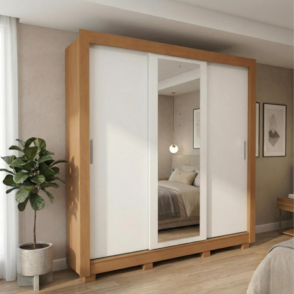 Guarda Roupa Casal 3 Pts com Espelho e pés Atlas Amêndoa/Branco/Amêndoa