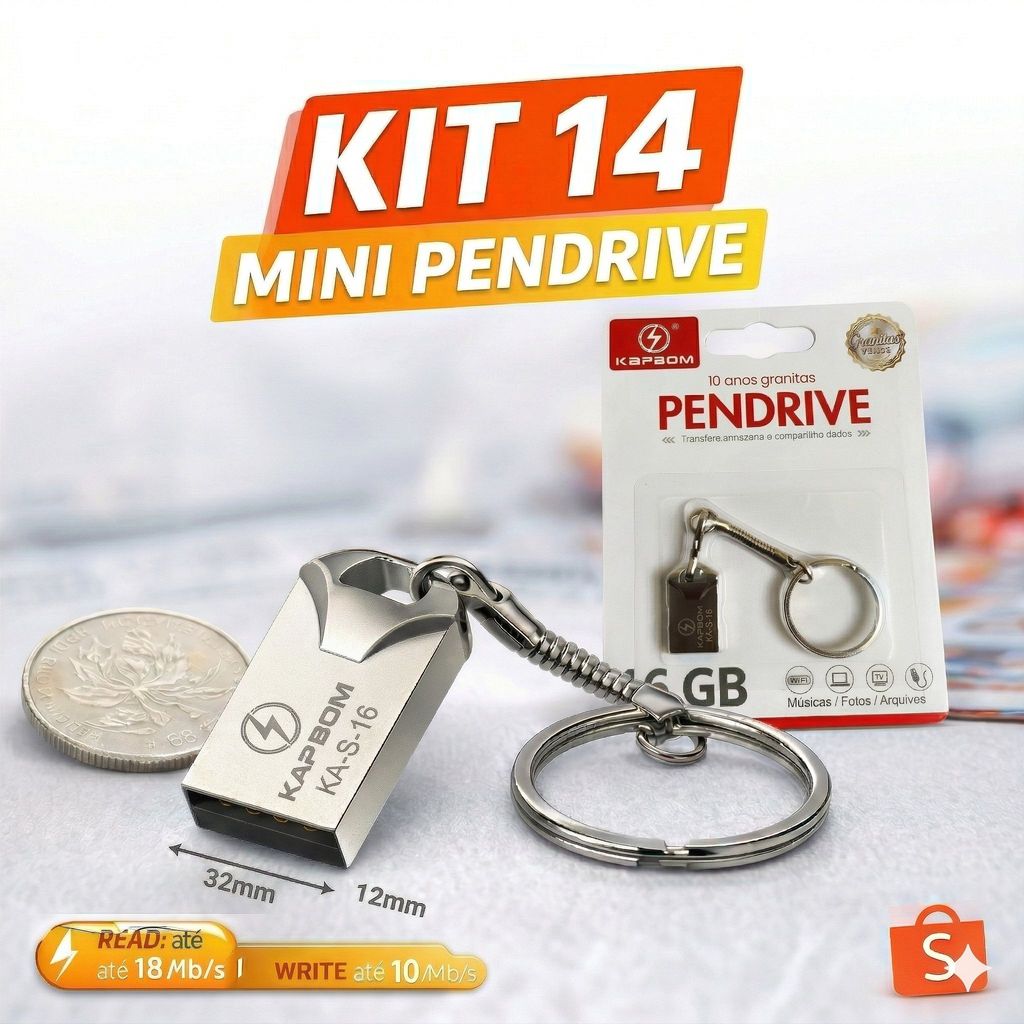 Kit 14 Mini Pendrive Agold Original – Chaveiro Metálico USB 2.0 8GB/16GB