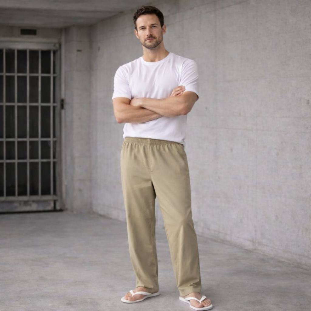 Kit 2 Peças 1 Calça Brim de Sarja Caqui +1 Camiseta Branca